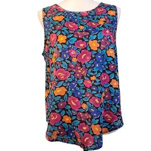 Vintage‎ 90s LL BEAN 12 Vibrant Floral on Black Rayon Tank Top Sleeveless Flowy